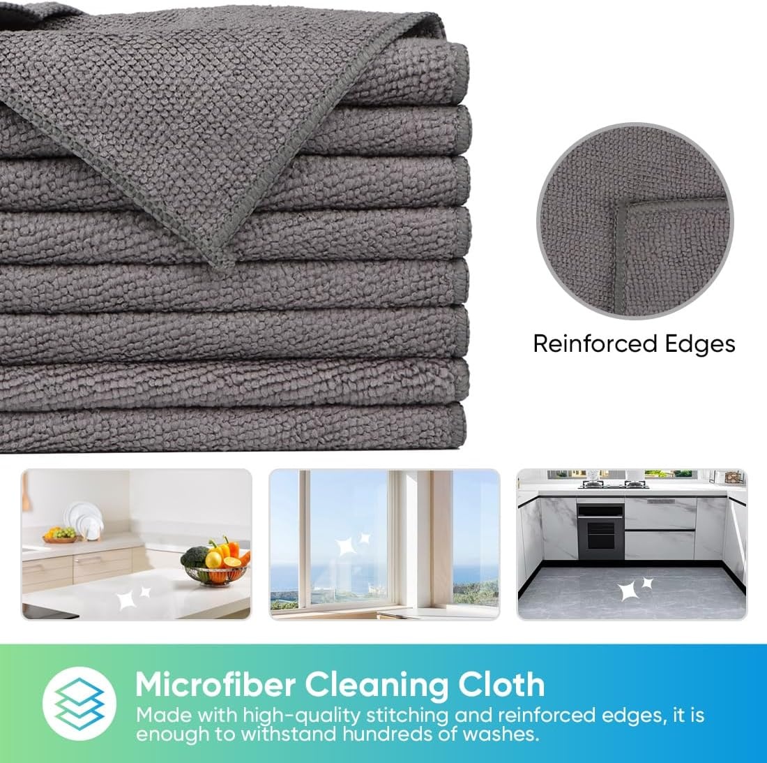 image:imageHOMEXCEL 8PK Microfiber Cleaning Cloth Cleaning Rags for Home 115x115inGrey