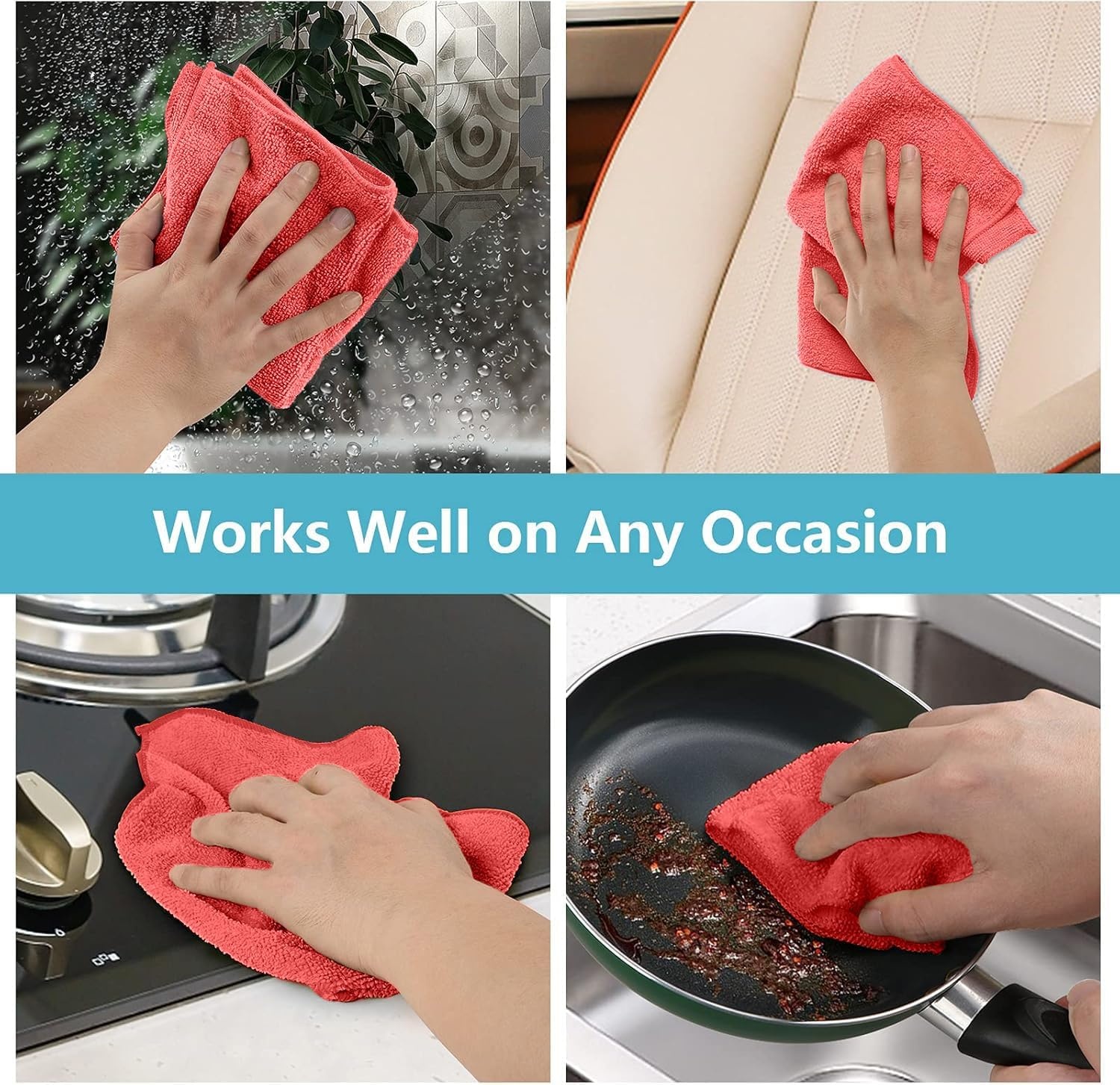 image:imageHOMEXCEL 8PK Microfiber Cleaning Cloth Cleaning Rags for Home 115x115inRed