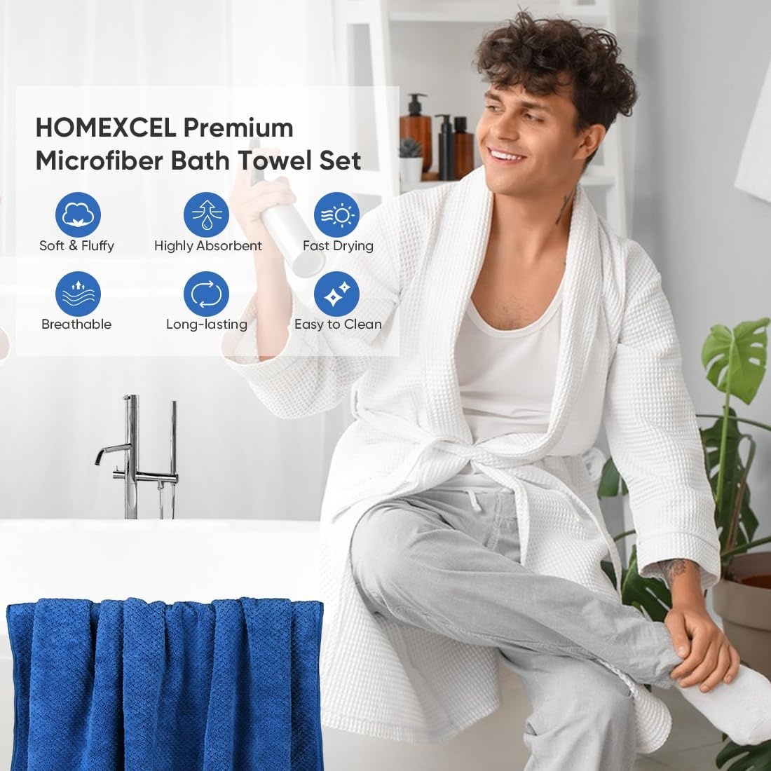 image:imageHOMEXCEL Bath Towels 2PK Microfiber Ultra Soft Bathroom Towel 27x54 inBlue