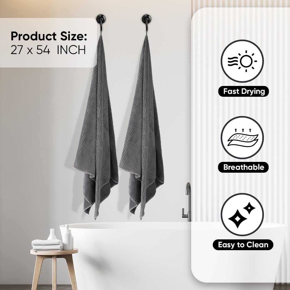image:imageHOMEXCEL Bath Towels 2PK Microfiber Ultra Soft Bathroom Towel 27x54 inGrey