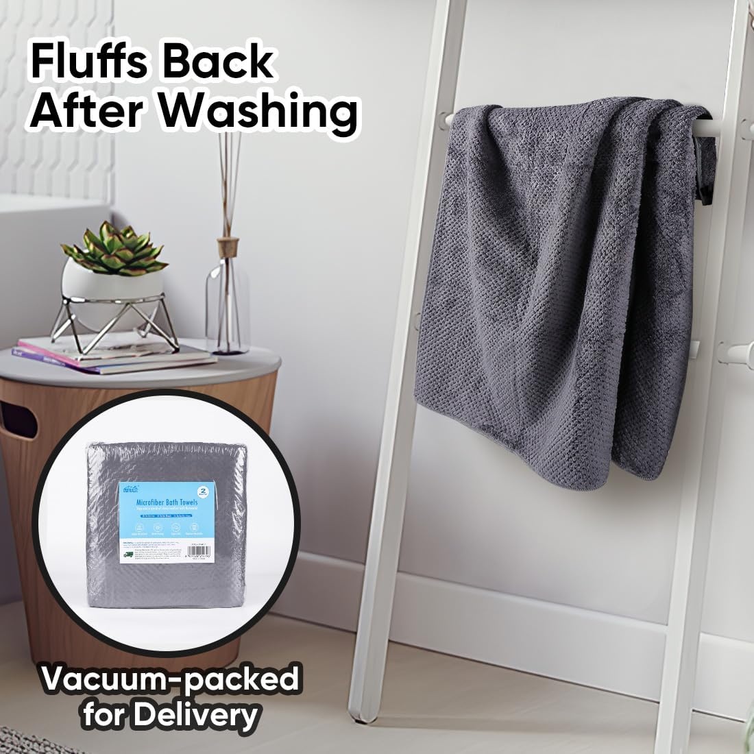 image:imageHOMEXCEL Bath Towels 2PK Microfiber Ultra Soft Bathroom Towel 27x54 inGrey