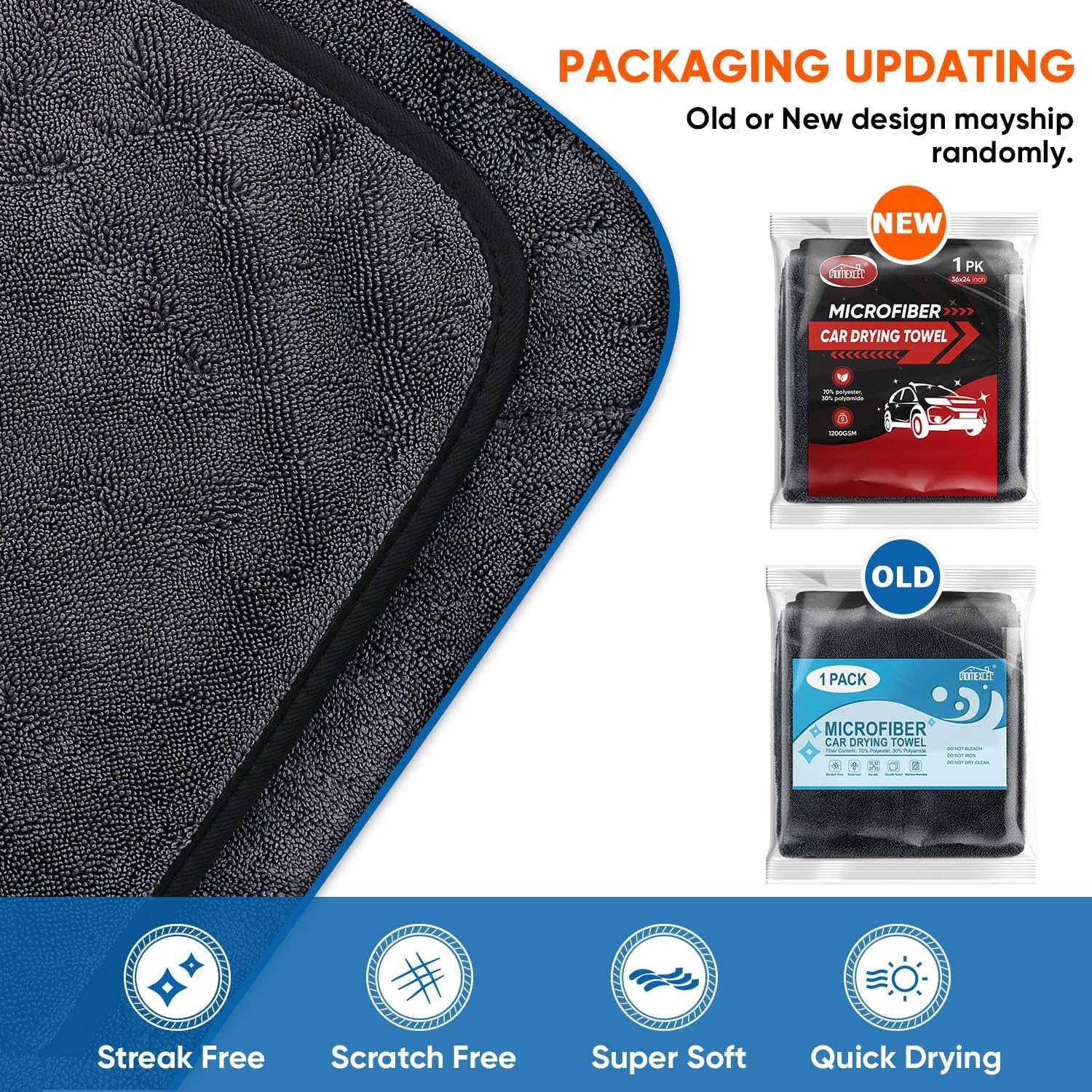 image:imageHOMEXCEL Car Drying Towel 36x 24 Microfiber Towels for Cars Trucks SUVDark Grey