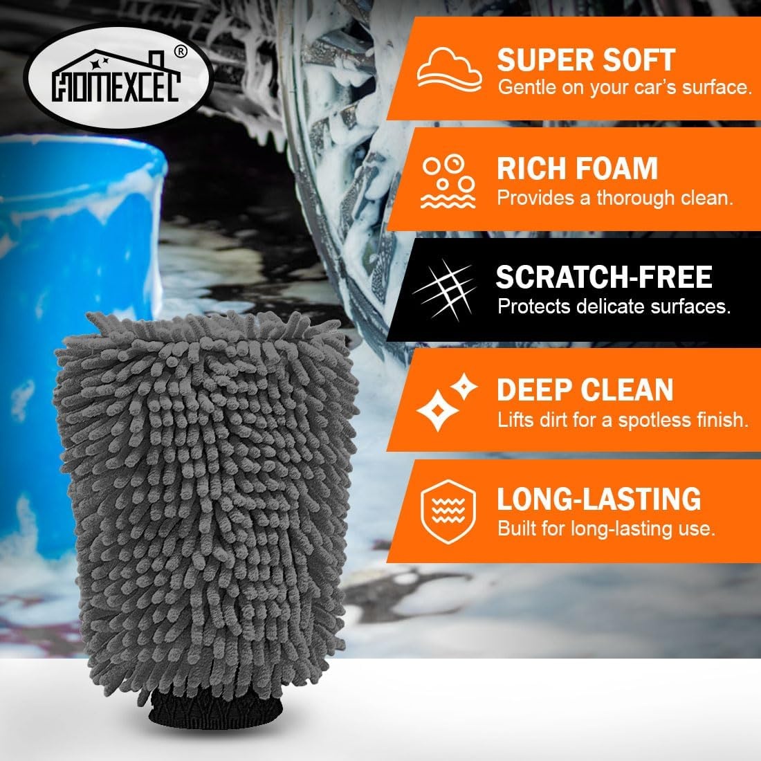 image:imageHOMEXCEL Car Wash Mitt Microfiber Washing Glove 102 x 67 2 PK BlueGrey