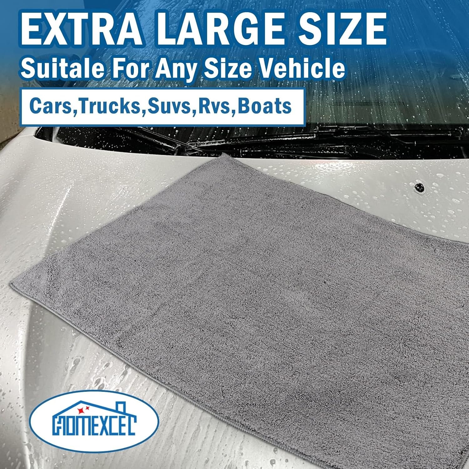 image:imageHOMEXCEL Professional Large Microfiber Car Drying Towels 2 Pack Lint Free Scratch Free Highly Absorbent Drying Towel for Cars SUVs RVs Trucks and Boats31 x 24GreyGrey