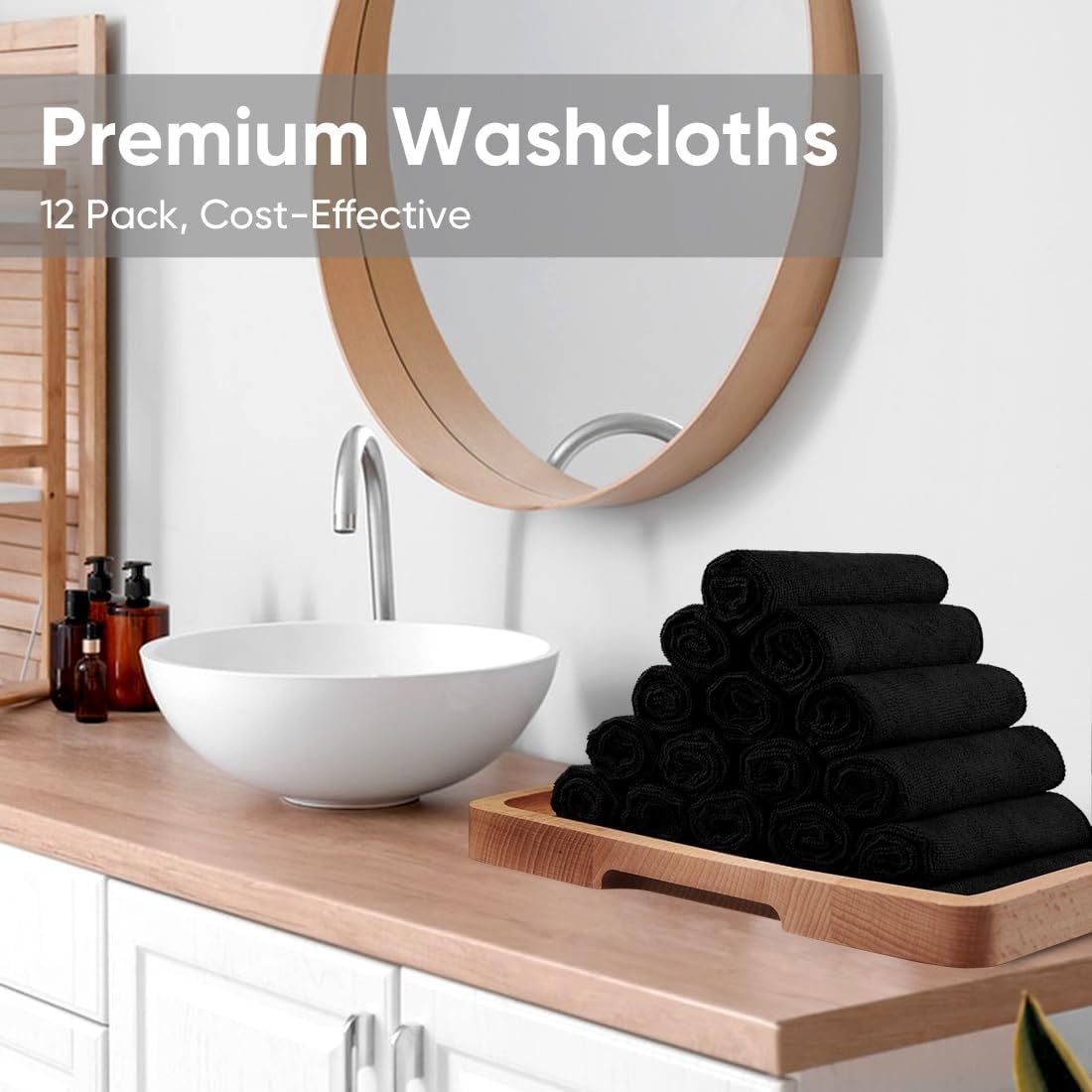 image:imageHOMEXCEL Washcloths 50PK Ultra SoftampHighly Absorbent Face Towels 12X12 inBlack