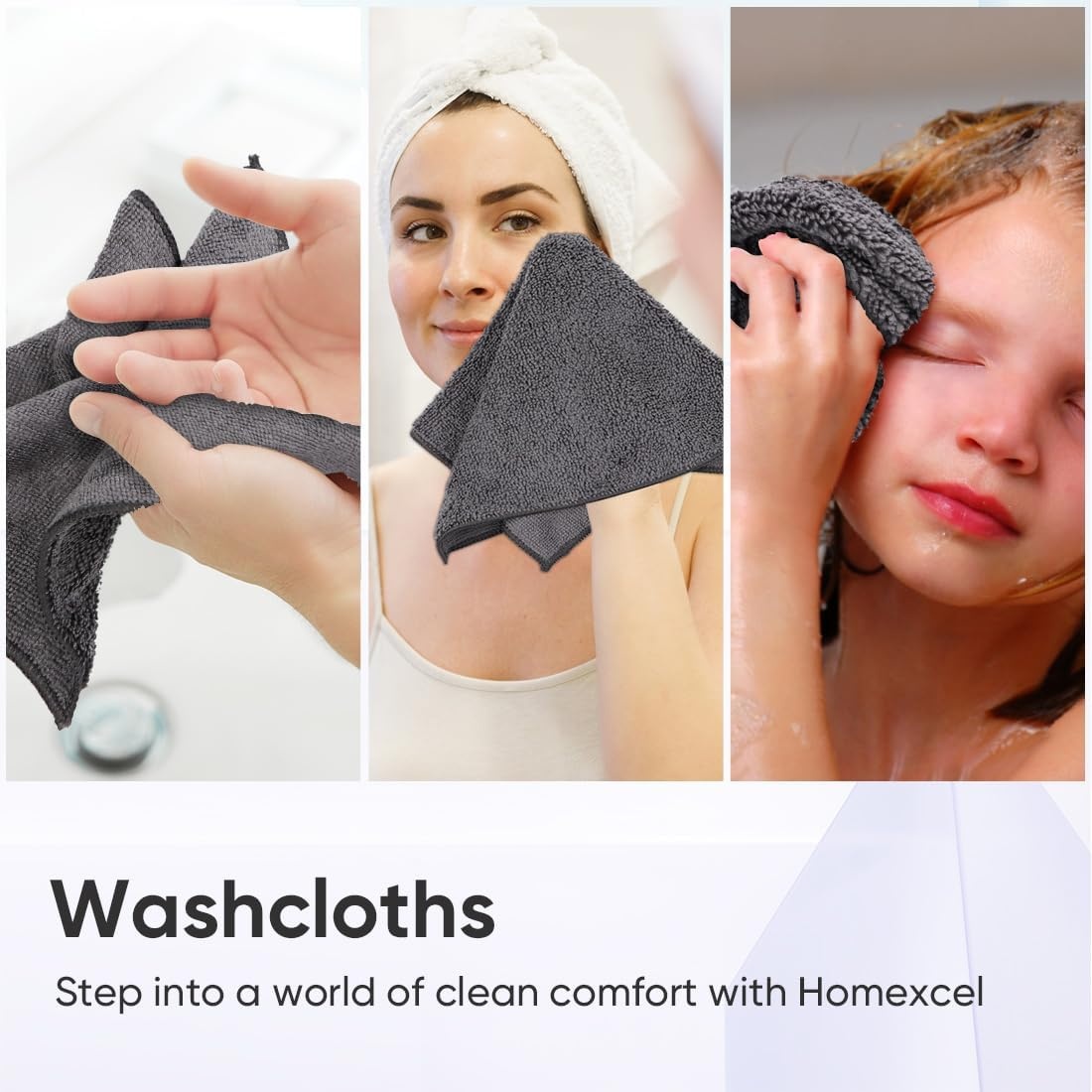 image:imageHOMEXCEL Washcloths 50PK Ultra SoftampHighly Absorbent Face Towels 12X12 inGrey