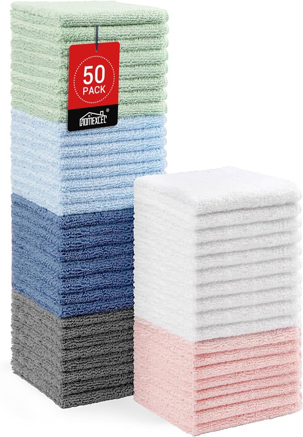 image:imageHOMEXCEL Washcloths 50PK Ultra SoftampHighly Absorbent Face Towels 12X12 inMulticolor