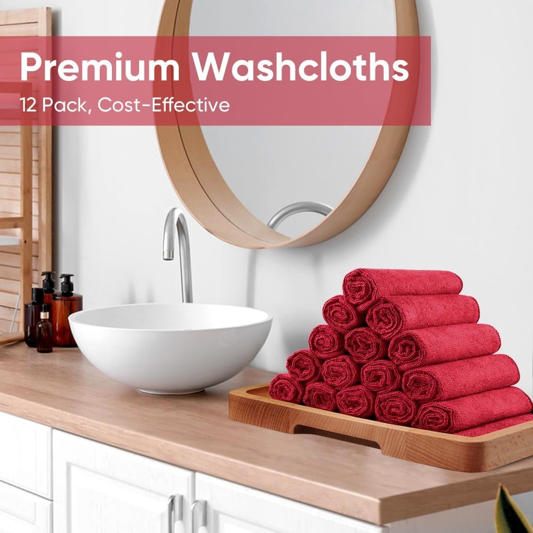 image:imageHOMEXCEL Washcloths 50PK Ultra SoftampHighly Absorbent Face Towels 12X12 inRed